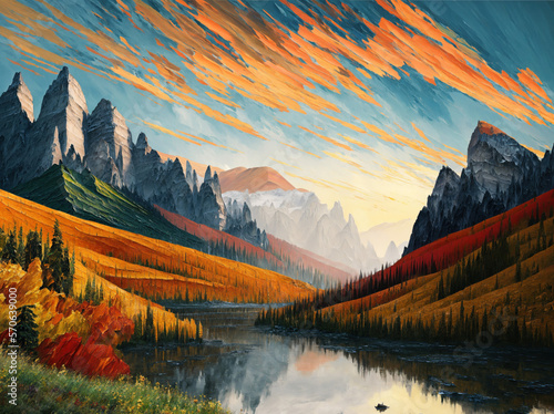 Fototapeta impasto landscape painting of sunset over italian dolomite mountains and river,
