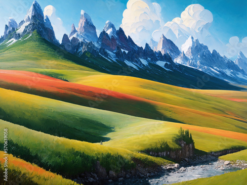 impasto landscape painting of alpine meadow and snow capped mountains, generative art © Marcus