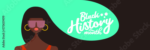 Black history month horizontal banner with afro American woman with long hair isolated on green background. Vector Black history month poster, flyer, background with pretty african young model