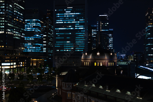 A night panoramic cityscape in Marunouchi Tokyo wide shot