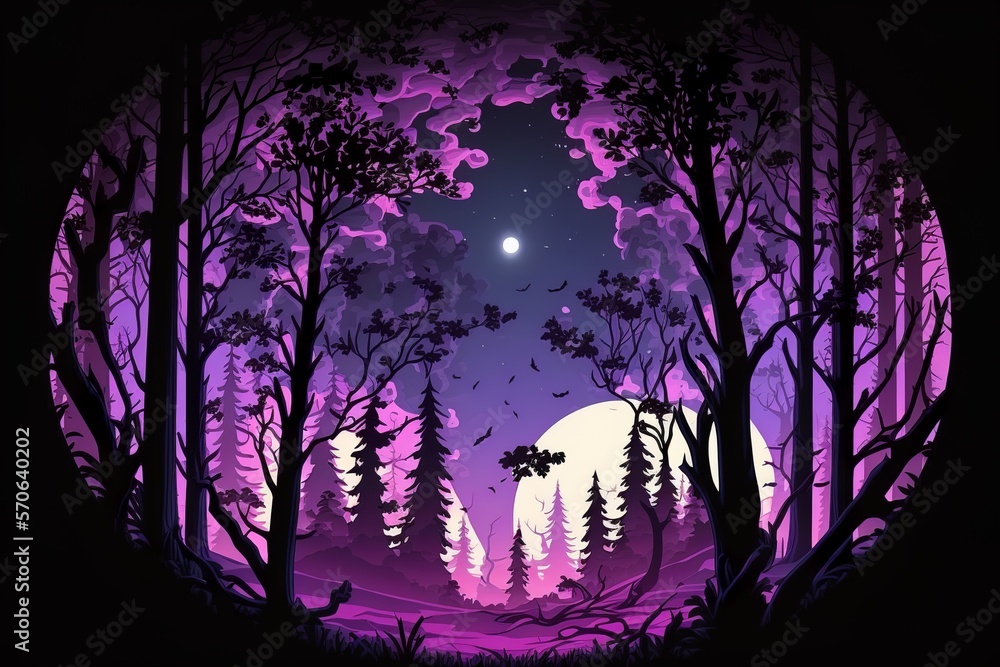 Beautiful forest silhouette with trees and full moon in a circle with purple gradient color