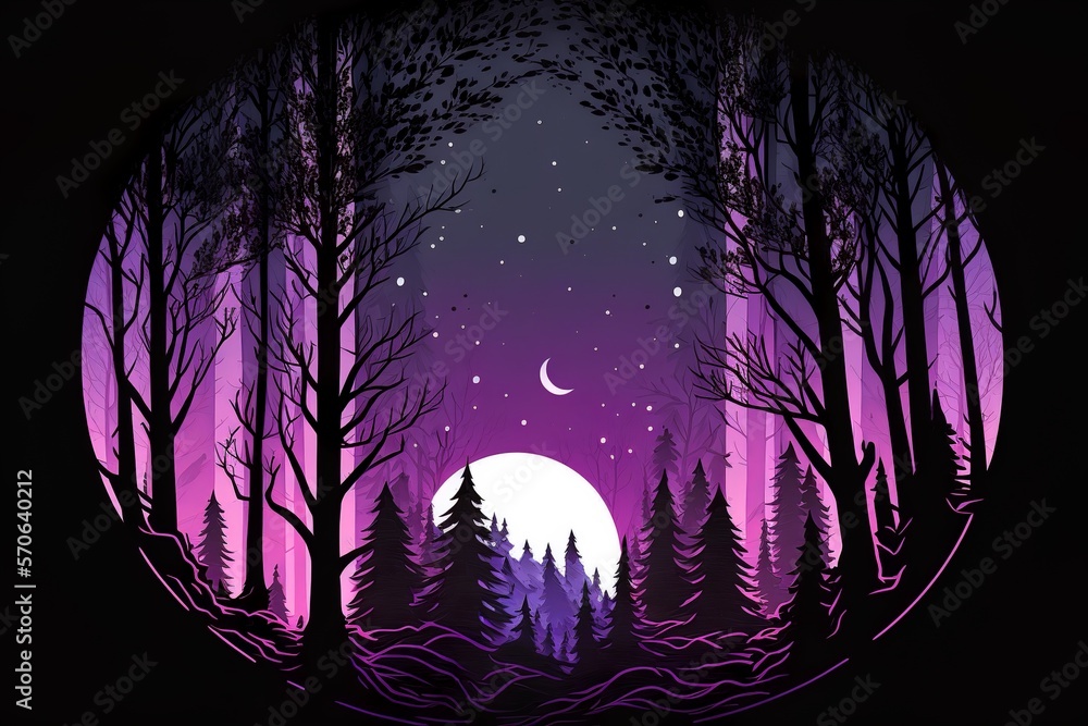 Beautiful forest silhouette with trees and full moon in a circle with purple gradient color