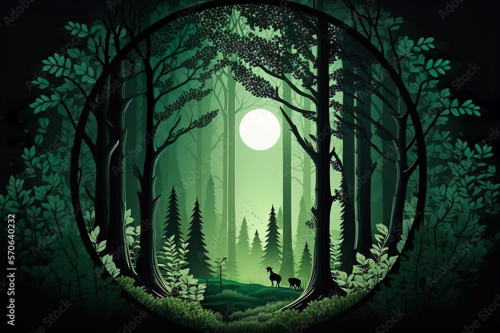 Beautiful forest silhouette with trees and sun in a circle with green gradient color