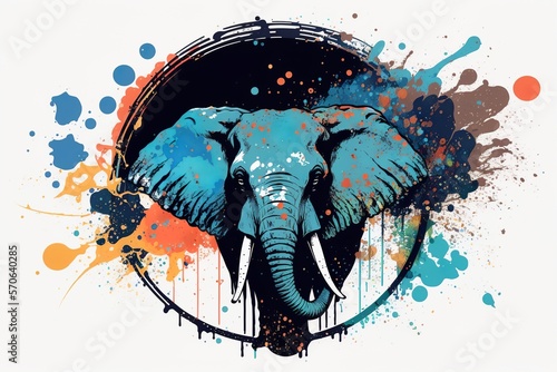 Portrait of an elephant in a colorful splash paint circle