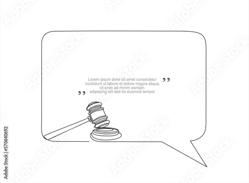 Continuous one line drawing of Judge's gavel and speech bubble. Trendy line art vector on a white background. Vector illustration.