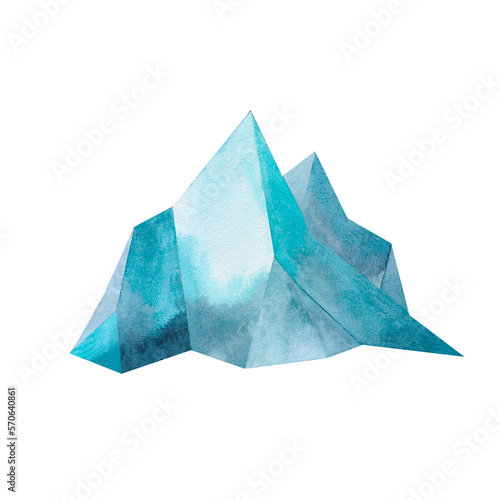 Blue iceberg watercolor illustration isolated on white background. Northern sea element. Hand and drawn clipart for stickers, baby shower, cards, clothes, fabrics.