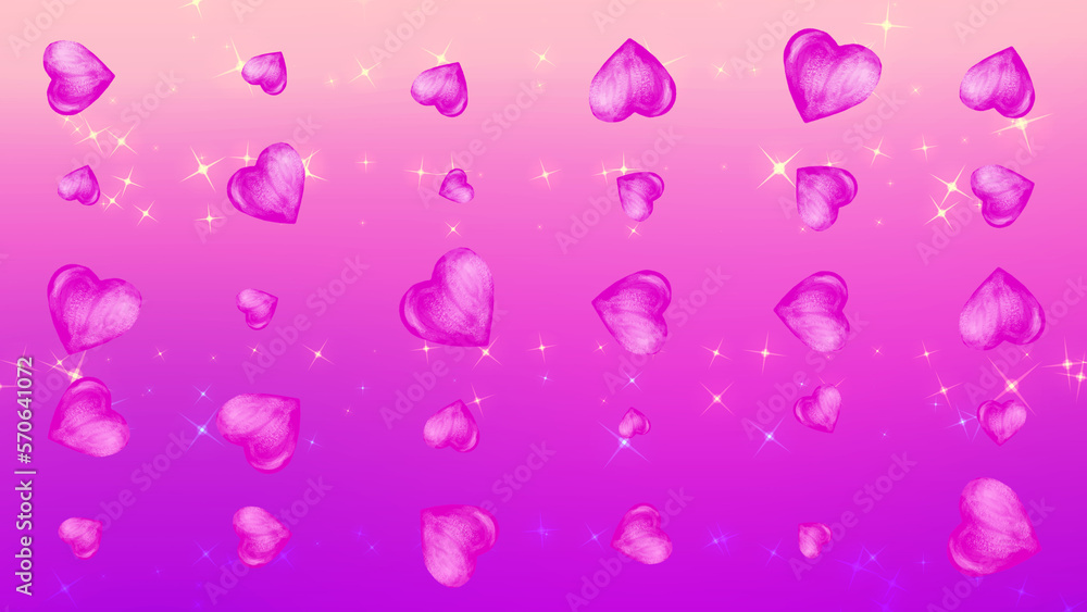 Pink hearts or rose petals on a purple festive background. 
 Beautiful background for Valentine's day.