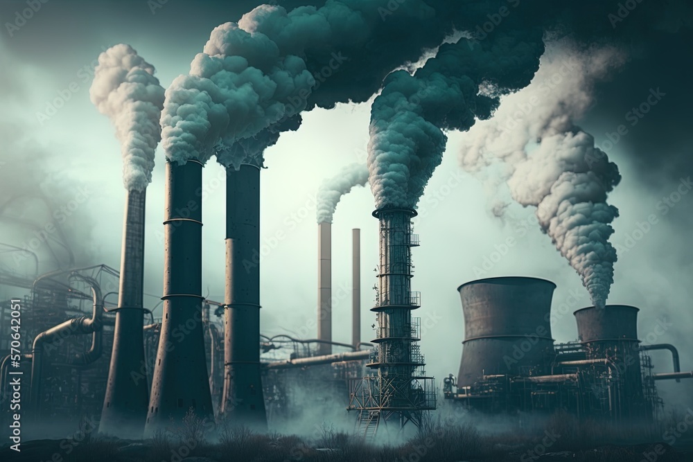 Industrial, poisoning, power plant chimney smokestack emission. Fossil