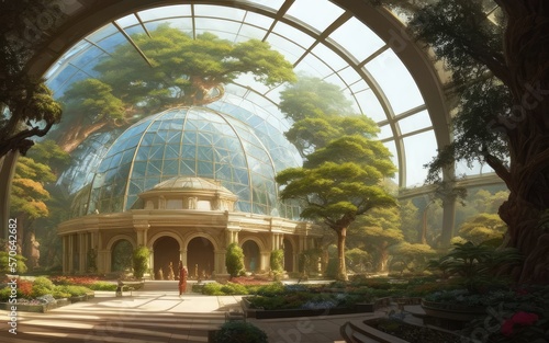 A large glass dome covers the summer garden. futuristic architecture.