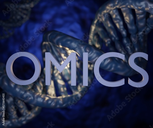 Fotografía OMICS word and DNA strands in the background 3d rendering