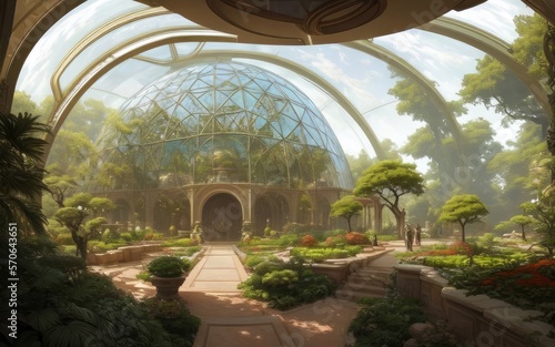 A large glass dome covers the summer garden. futuristic architecture.