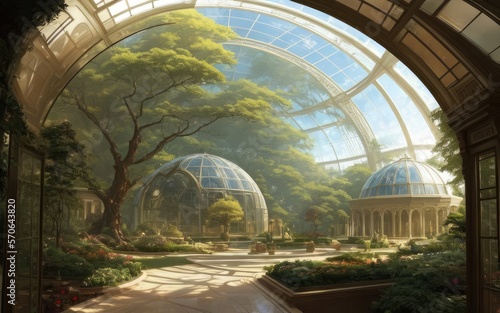 A large glass dome covers the summer garden. futuristic architecture.