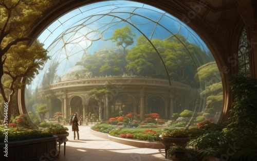 A large glass dome covers the summer garden. futuristic architecture.