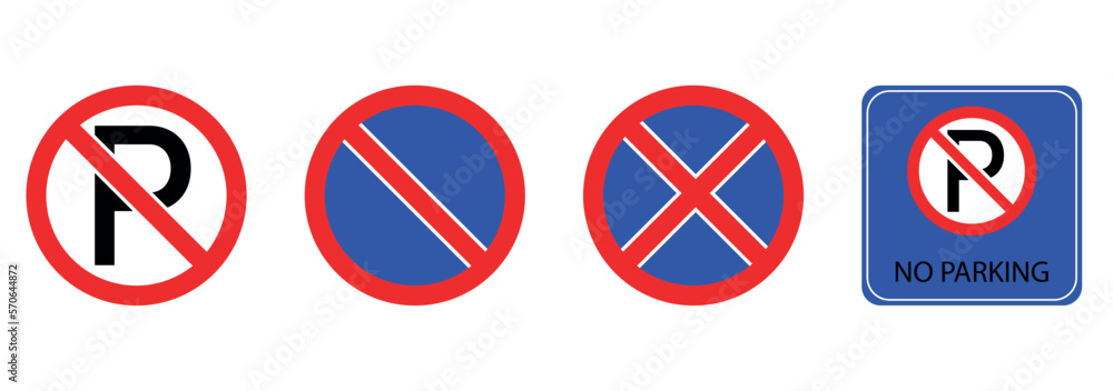 Set of no parking signs. Car no parking icons. No parking place sign.No parking icon. Vector illustration. Isolated.