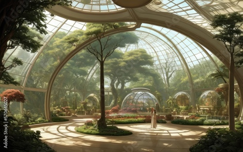 A large glass dome covers the summer garden. futuristic architecture.