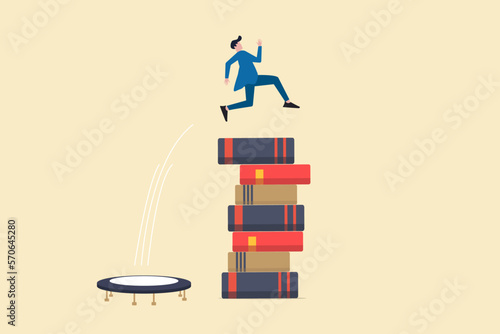 businessman jump over high books stack. concept of success, education level and skill development
