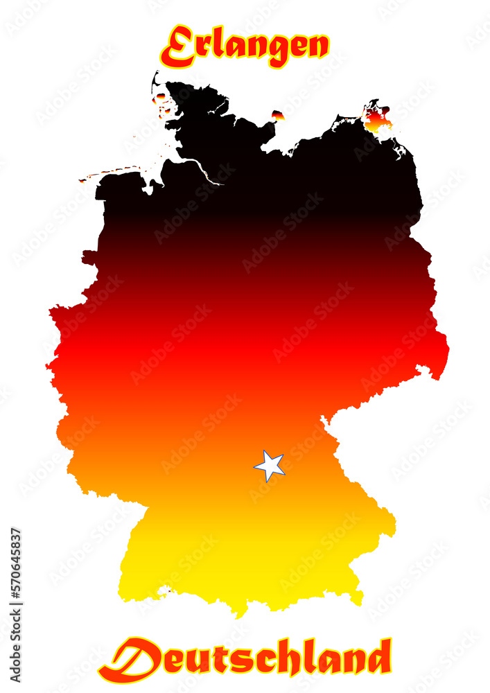 Deutschlandkarte Flagge mit der Stadt Erlangen als Stern