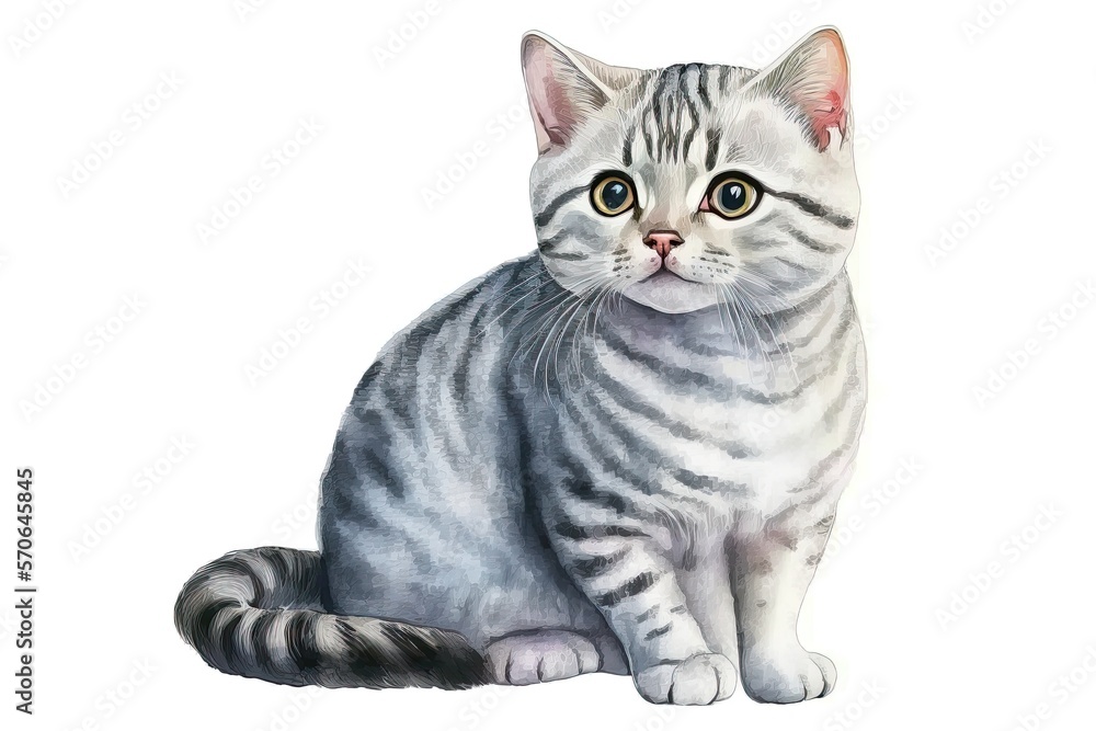 Obraz premium American Shorthair Cat Watercolor Illustration on White Background, Isolated