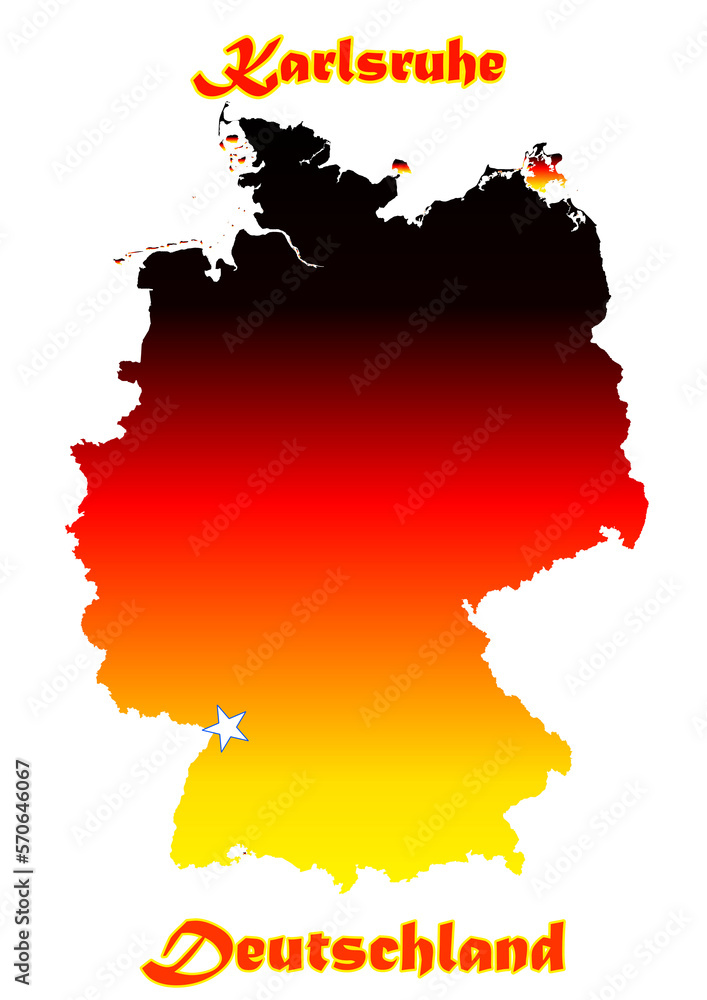 Deutschlandkarte Flagge mit der Stadt Karlsruhe als Stern Deutschlandkarte Flagge mit der Stadt Karlsruhe als Stern
