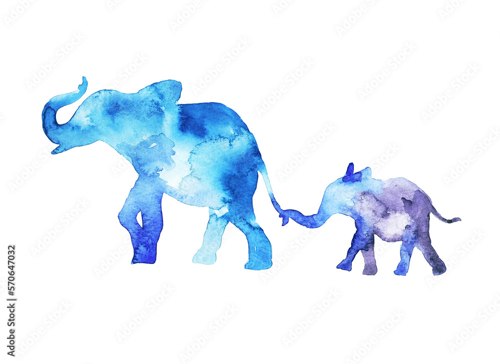 Αυτοκόλλητο Elephant family walk. Mom and child. Watercolor in blue tones.