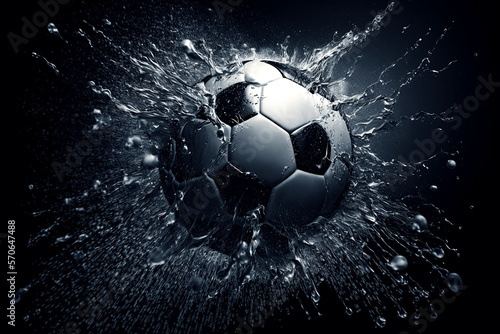 soccer ball in splash of water on dark background. Generative AI