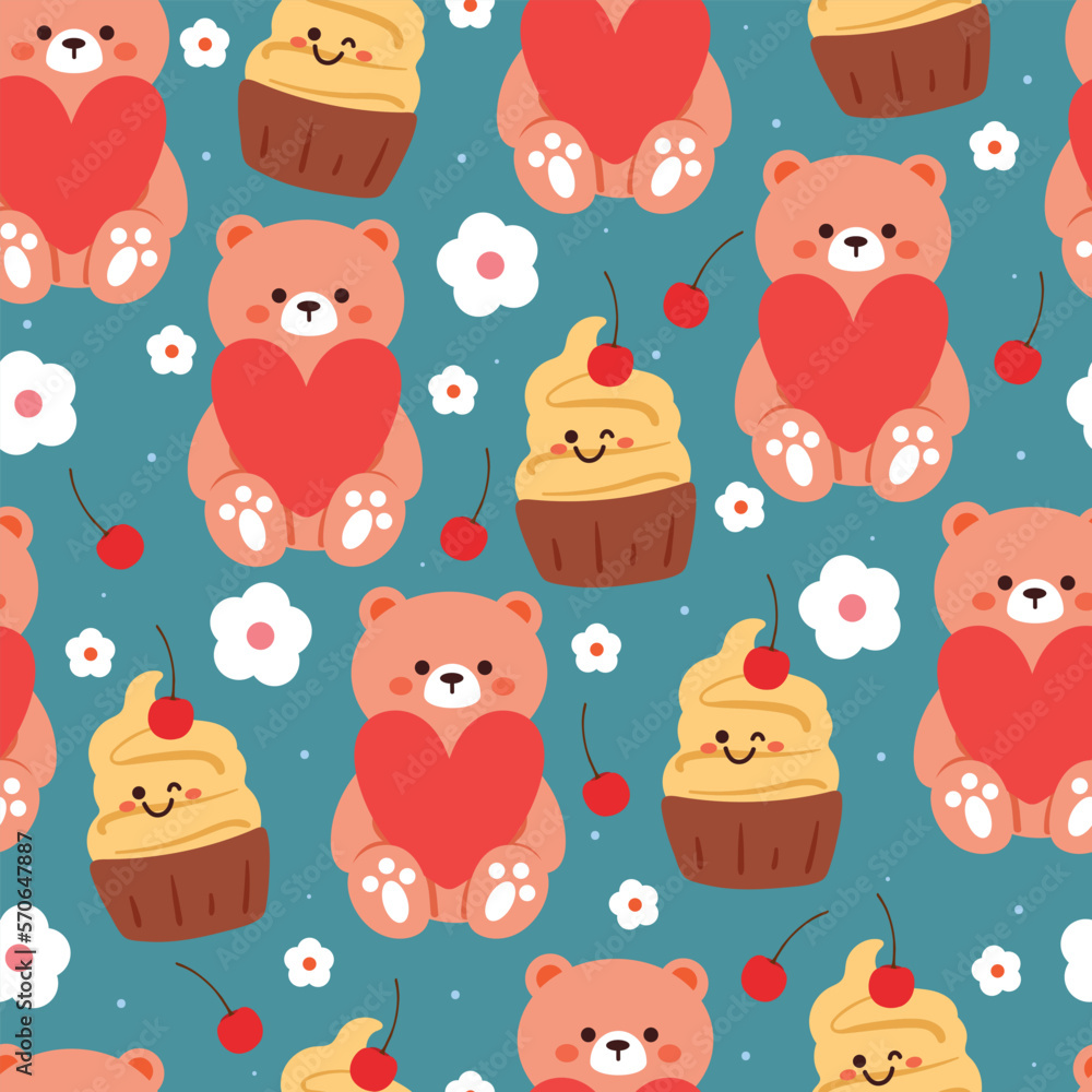 seamless pattern cartoon bear and valentine element. cute valentine wallpaper illustration for gift wrap paper