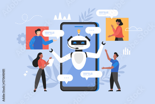 Artificial intelligence chat service business concept. Modern vector illustration of people using AI technology and talking to chatbot