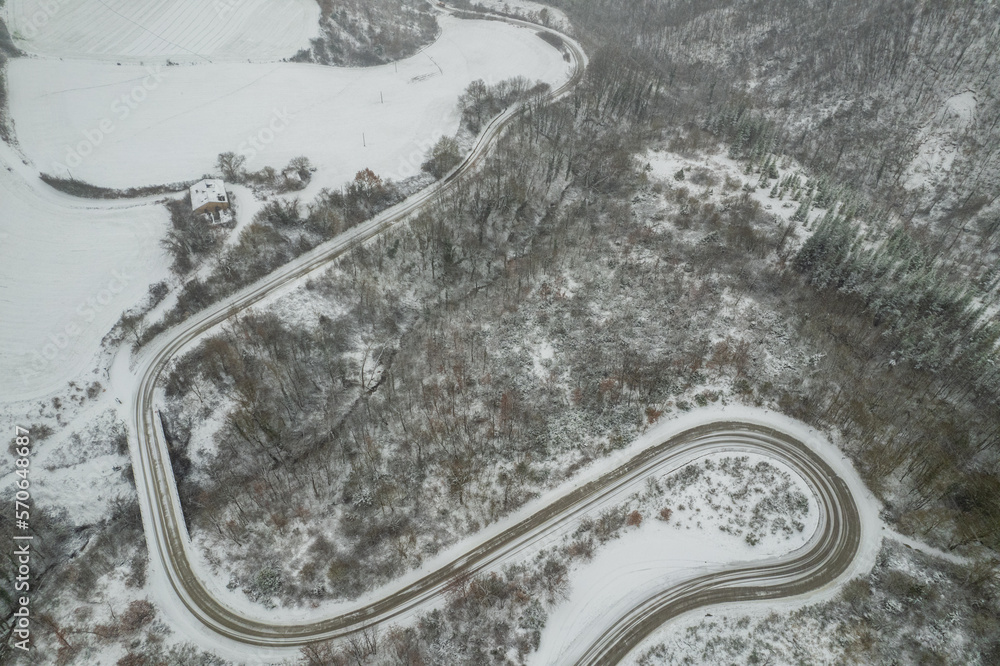 Aerial view of curvy road on Marche region in Italy