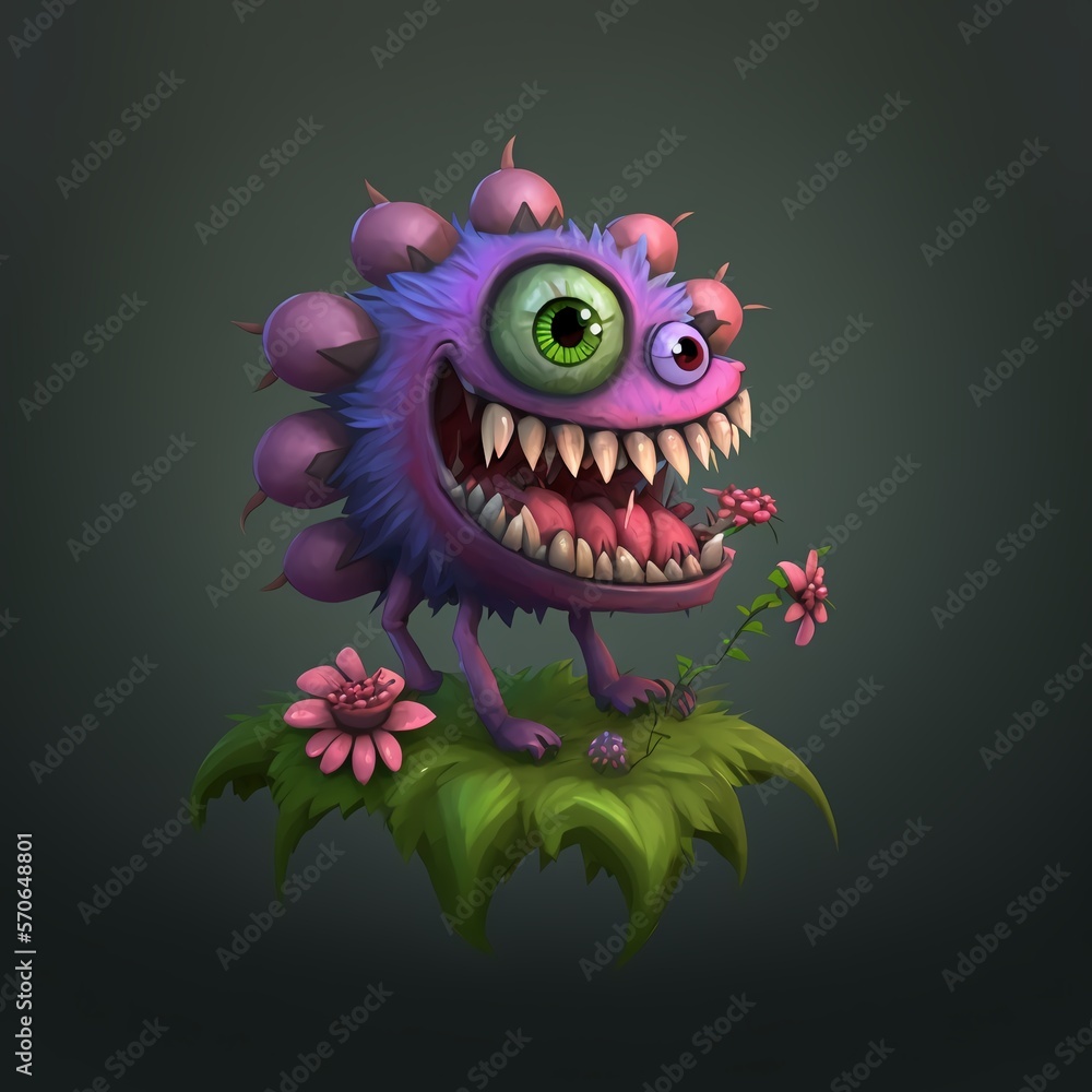 Naklejka premium In game single monster design flower shape cartoon style by Generative AI