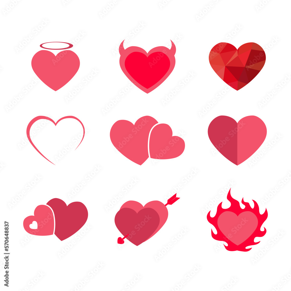 set pink heart illustration. design for valentine's day. Collection of Love Heart Symbol Icons . Love Illustration Set with Solid and Outline Vector Hearts