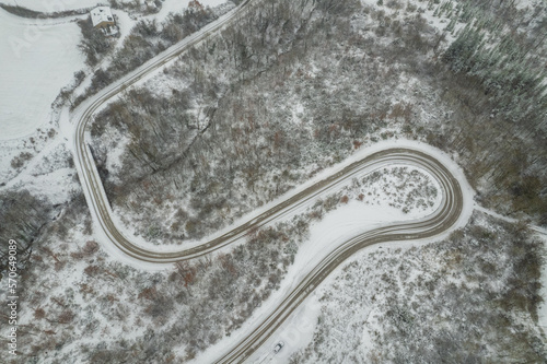 Aerial view of curvy road on Marche region in Italy