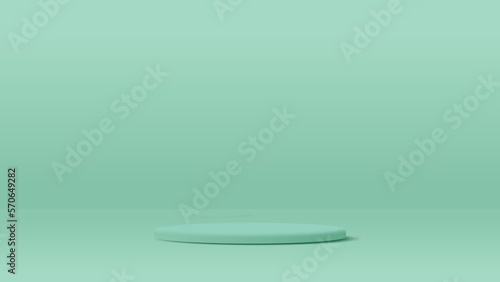 One green pastel round pedestal podium or stage and blue background.The light shines down below.For place goods cosmetic cartoon model design fashion food drink or technical tool.3D illustration.
