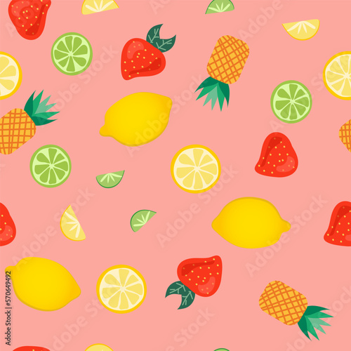 Fototapeta Naklejka Na Ścianę i Meble -  Pattern with colorful fruit pattern on pink background. Trendy textile design. Decorative textile seamless pattern. Flat vector illustration.