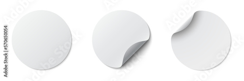 Circle adhesive symbols. White tags, paper round stickers with peeling corner and shadow, isolated rounded plastic mockup, realistic set round paper adhesive sticker mockup with curved corner