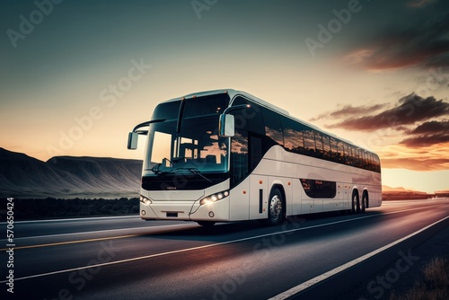 Fotografie, Tablou Intercity bus rides on a highway.