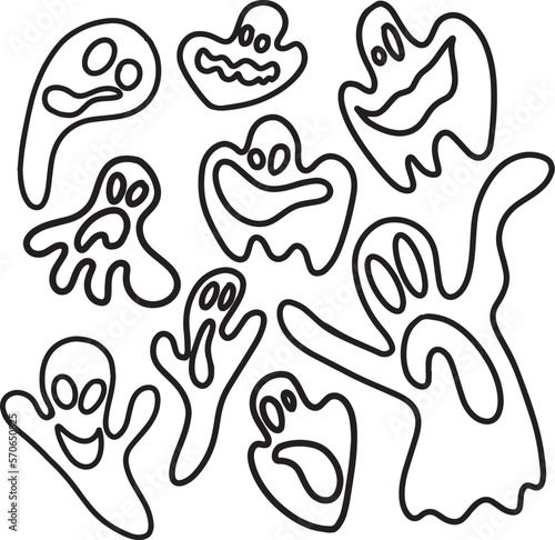 Ghost silhouette set, Halloween ghost collection, black on a white background, vector illustration, doodle style, line illustrations