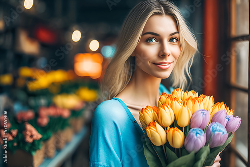 A good-looking woman holding a bouquet of tulips, smiling and excited. Ideal for Mother's Day, posters, flyers, skincare brand. generative ai photo