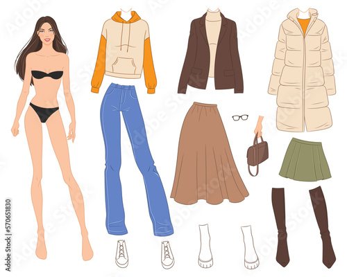Vector illustration of a beautiful dress-up doll with stylish fashion clothes, jeans pants, jackets, a dress, sneakers, and boots. Five combinations of fall clothing. Female Fashion creator.