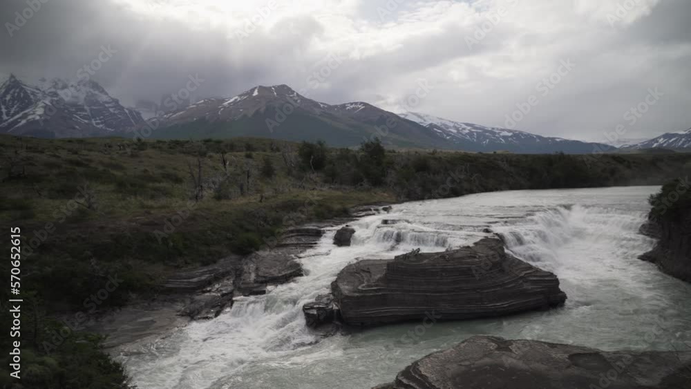waterfall in the iconic Torres del paine national in Patagonia.