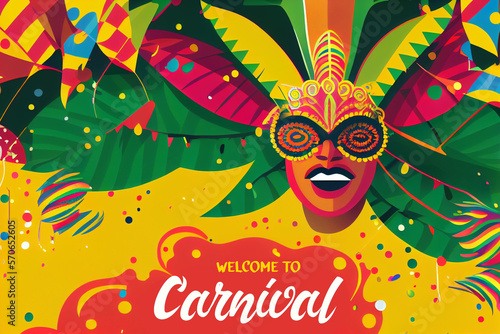 Brazil Carnival Latin Man Wear Bright Costume Traditional Rio Party Flat Bright Illustration with Place for Text. Banner, Flyer or Poster Template. Generative Ai. photo