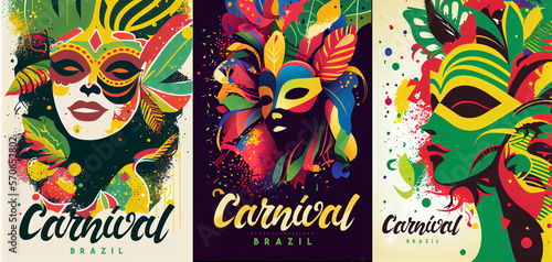 Set of Colorful Brazil Carnival Posters. Woman Wear Traditional Feather. Rio Party Flat Bright Illustration. Banner, Flyer or Poster Template. Generative Ai.
