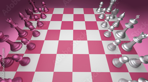Pink chess game on chess board colorful render