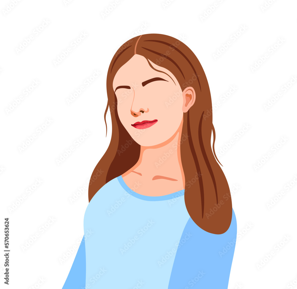 Vector illustration of a beautiful girl in a flat style. Cute smiling young woman in blue sweater with lush hair isolated on white background. The girl looks from the side. Fashion illustration. Vector illustration of a beautiful girl in a flat style. Cute smiling young woman in blue sweater with lush hair isolated on white background. The girl looks from the side. Fashion illustration.