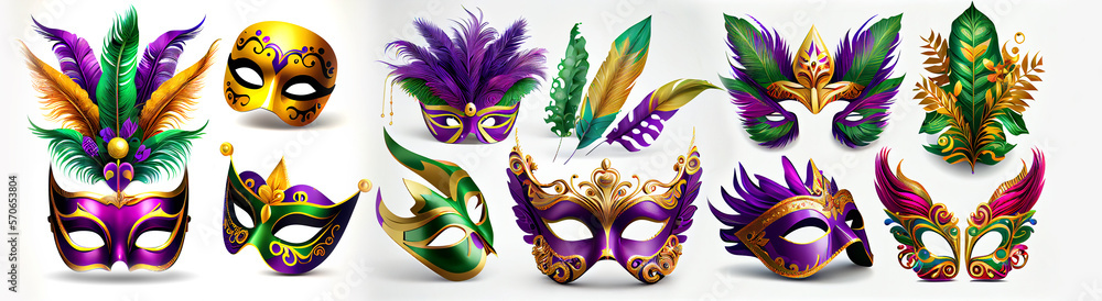 Set of isolated mask and elements for Mardi Gras carnival. Colombina and volto masque for masquerade festival. Face and eyes disguise with diamond and feather, rose flower. Generative Ai.