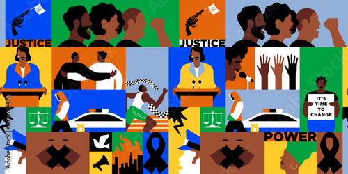 Black history month flat cartoon mosaic seamless pattern. African american people, social isssues event illustration. Diverse men and women characters fighting for justice, background texture. 