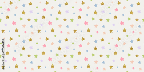 Cute colorful retro star seamless pattern illustration with gold glitter sticker. Trendy 90s style background design. Vintage y2k wallpaper art print.
