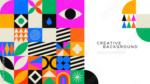 Colorful geometric mosaic web template illustration with creative abstract shapes. Modern scandinavian style background. Trendy bright symbols and minimalist shape texture, geometry collage.