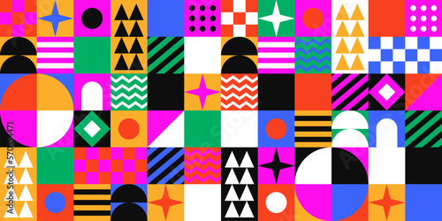 Colorful geometric mosaic seamless pattern illustration with creative abstract shapes. Modern scandinavian style background print. Trendy bright symbols and minimalist shape texture, geometry collage.