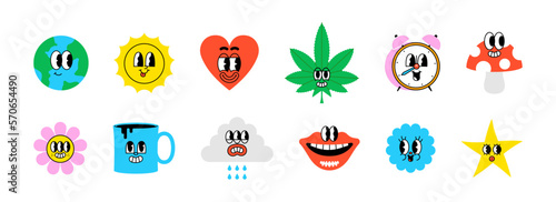 Set of trendy psychedelic sticker in vintage cartoon style. Retro 70s art character label illustration collection on isolated background. Funny colorful groovy mascot bundle.	
