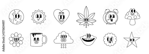 Set of trendy psychedelic sticker in vintage cartoon style. Retro 50s art character label illustration collection on isolated background. Funny colorful groovy mascot bundle.